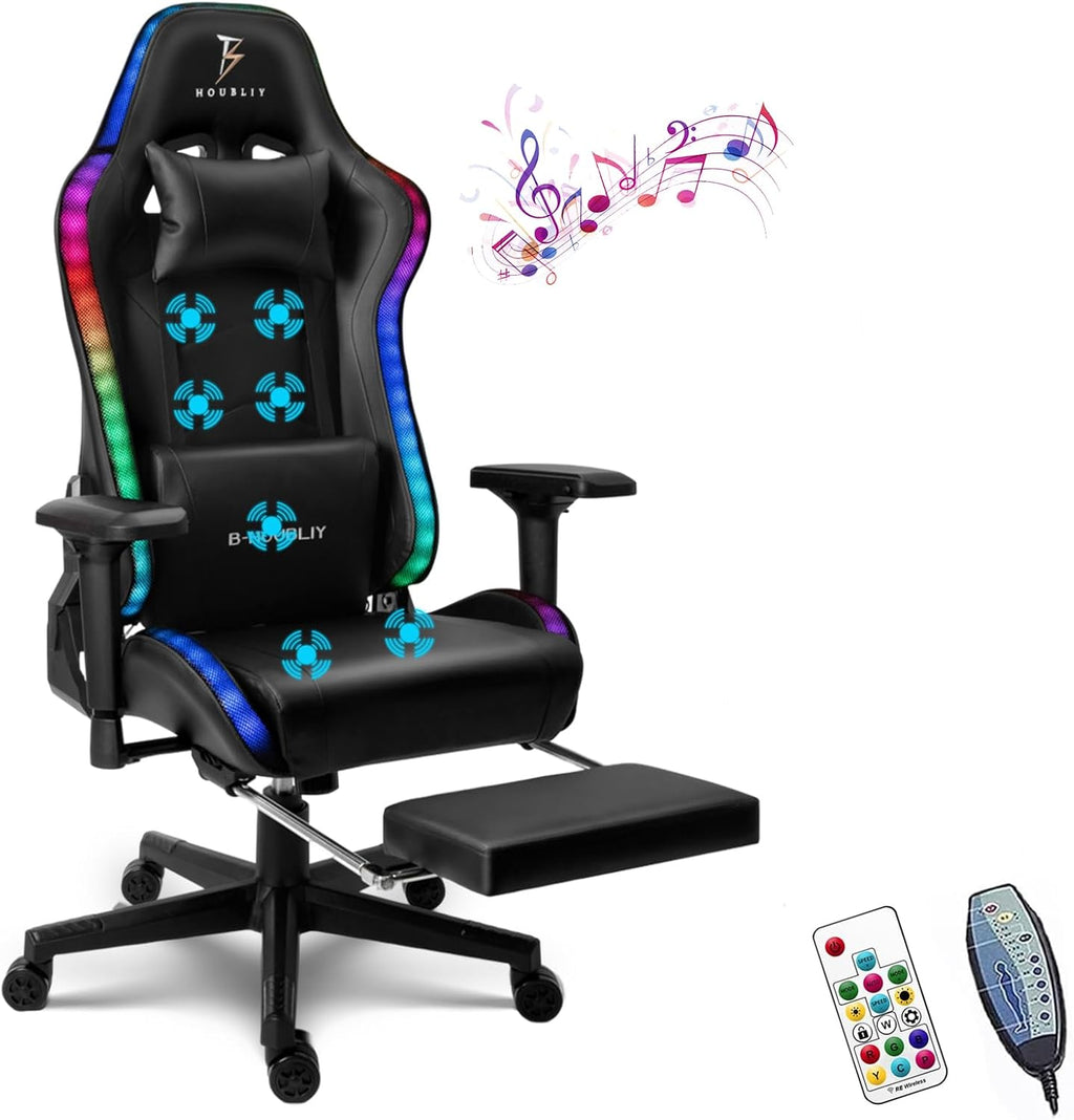 Massage Gaming Chair with Speakers, Ergonomic Gaming Chair with Footrest and Led Lights Comfortable Computer Reclining Video Game Chair for Adults Kids PU Leather Gamer Chairs,Black