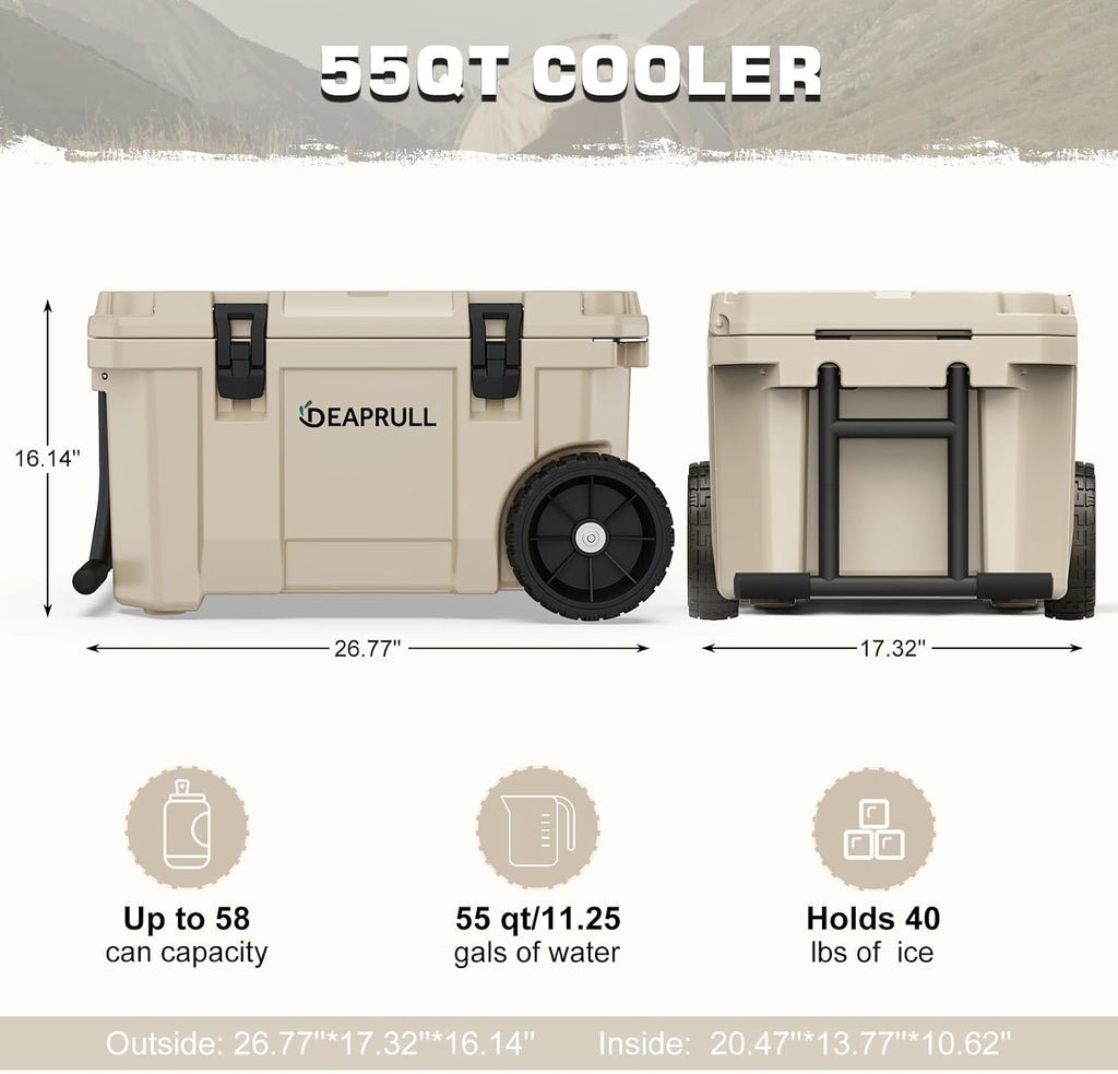 55 Quart Cooler with Wheels, Ice Chests Portable Camping Cooler Holds Ice up to 6 Days, Leak-Proof Outdoor Insulated Cooler with Handle, Cup Holders, Hard Cooler for Camping, Beach, Boat
