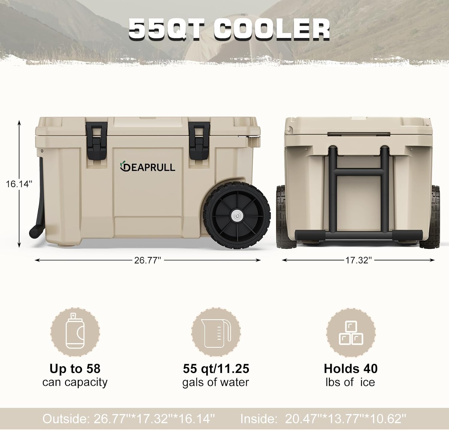 55 Quart Cooler with Wheels, Ice Chests Portable Camping Cooler Holds Ice up to 6 Days, Leak-Proof Outdoor Insulated Cooler with Handle, Cup Holders, Hard Cooler for Camping, Beach, Boat