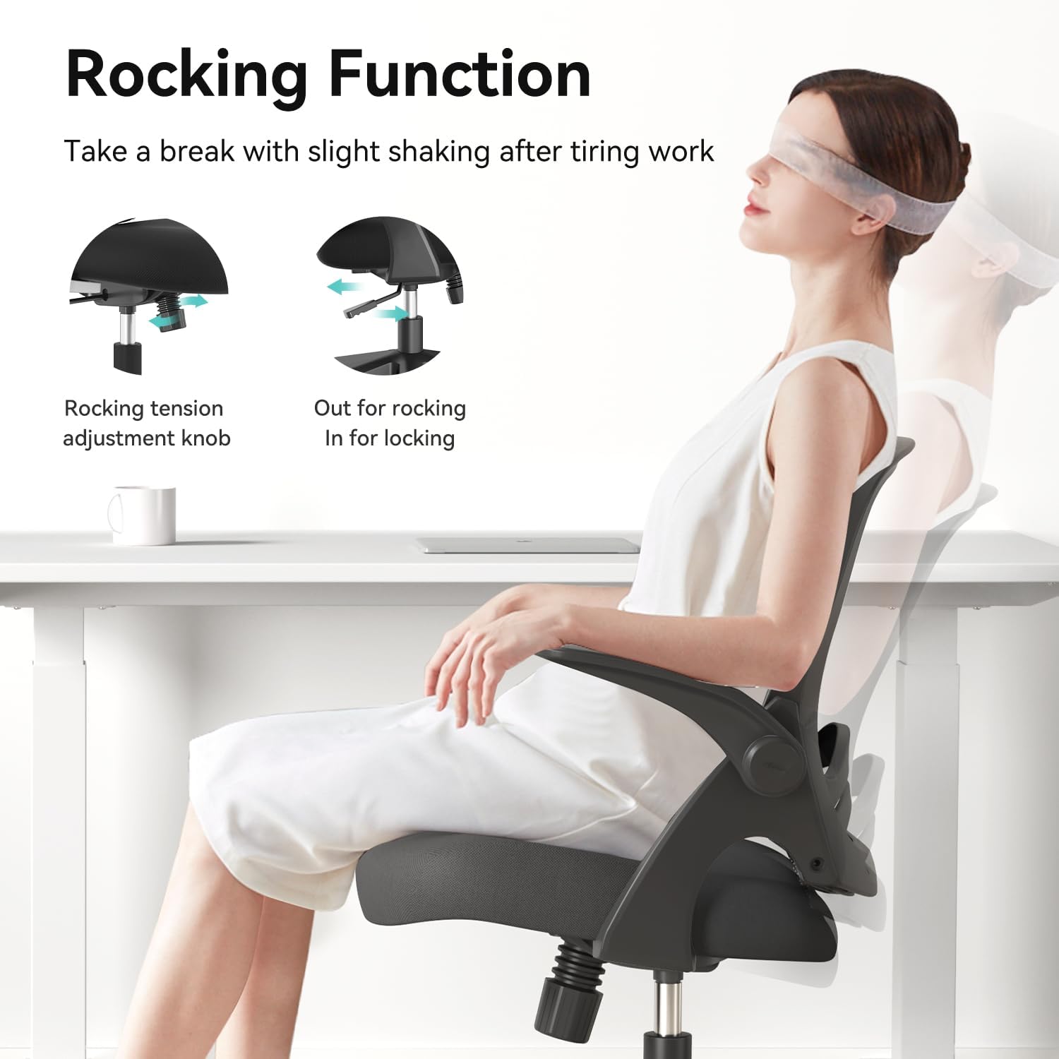 Hbada Office Desk Chair with Flip-Up Armrests and Saddle Cushion, Ergonomic Office Chair with S-Shaped Backrest, Swivel, Mesh, Black