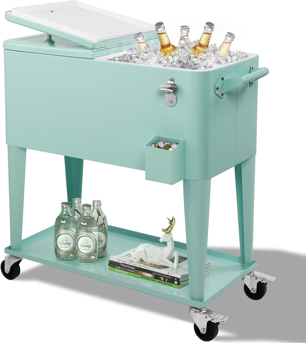 Outvita 80 Quart Rolling Ice Chest, Portable Bar Drink Cooler with Catch Basin, Bottom Storage Tray and Bottle Opener for Patio Party BBQ Beach Activities