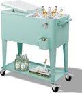 Outvita 80 Quart Rolling Ice Chest, Portable Bar Drink Cooler with Catch Basin, Bottom Storage Tray and Bottle Opener for Patio Party BBQ Beach Activities