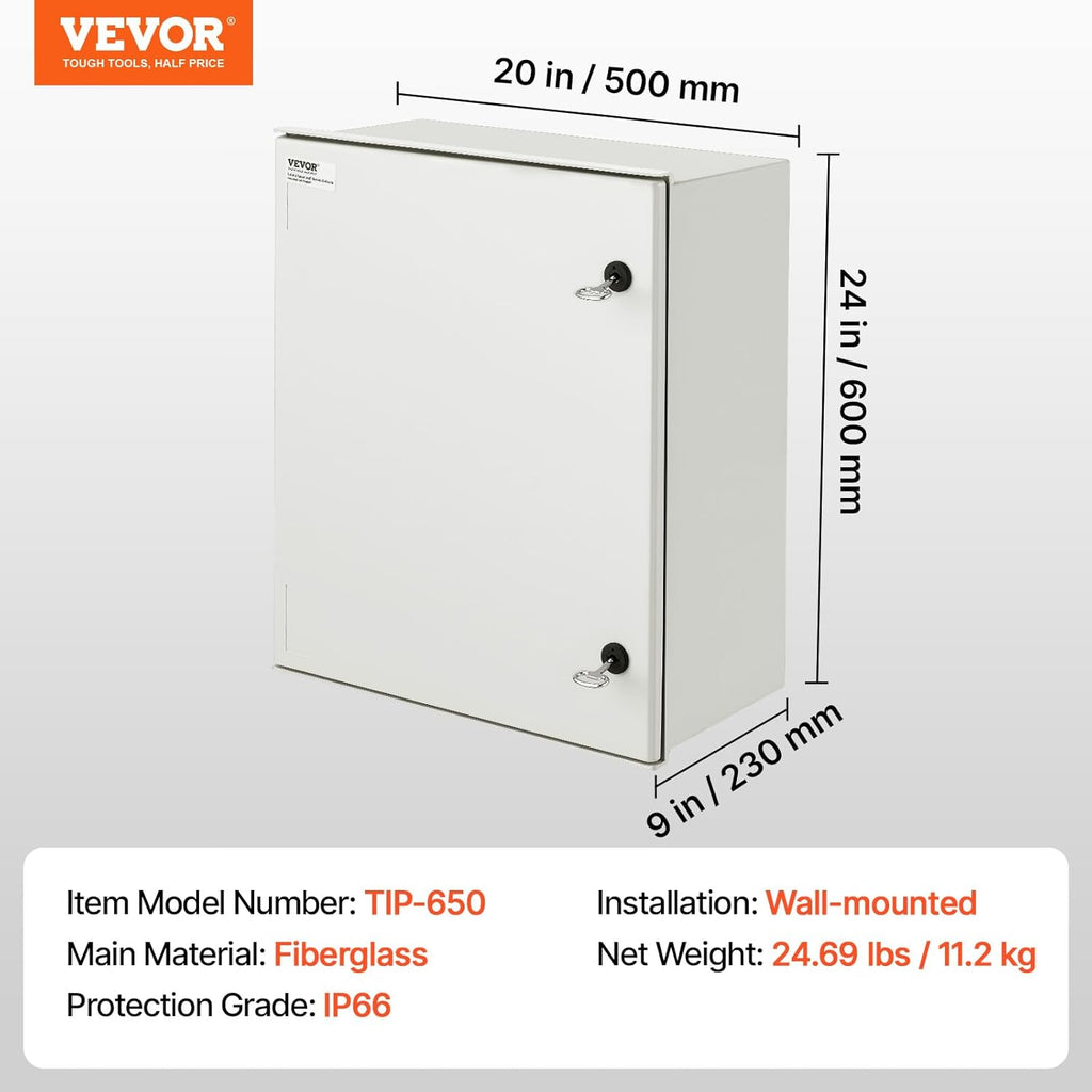 VEVOR Electrical Enclosure Box,23.6''×19.7''×9.1'',Fiberglass Junction Box,IP66 Waterproof & Dustproof,Outdoor Electrical Box,with Mounting Plat