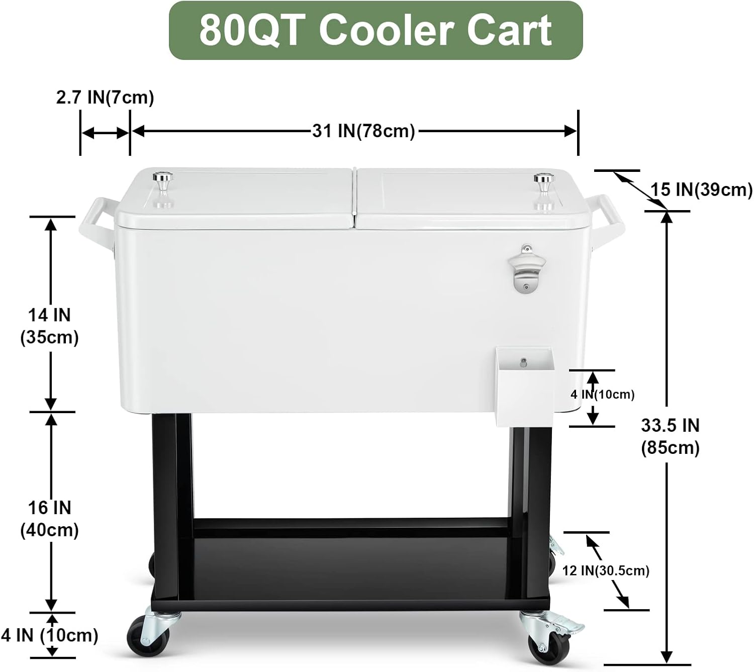 80 Quart Rolling Ice Chest Cooler Cart,Patio Backyard Party Drink Beverage Bar Stand Up Cooler Trolley with Ice Scoop