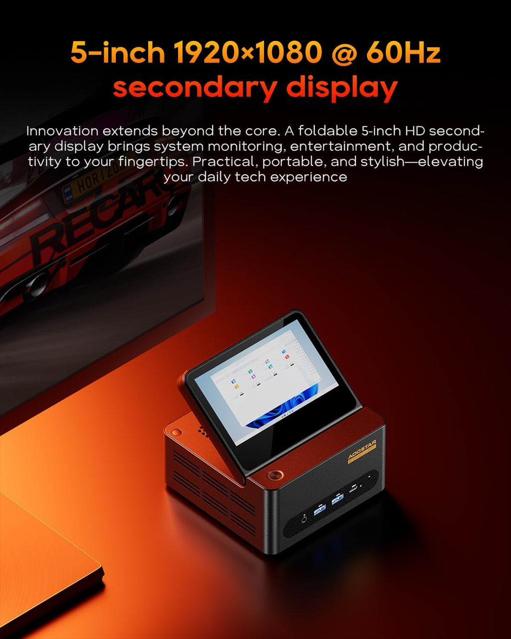 AOOSTAR G-FLIP AMD R7 H255 Mini Computer Without RAM/SSD/OS, MINI Gaming PC with 5 inch Touchscreen,2X DDR5 5600Mhz RAM Slots, 2X M.2 2280 NVME SSD Slots，Oculink/Dual USB4/2 x 2.5GB LAN