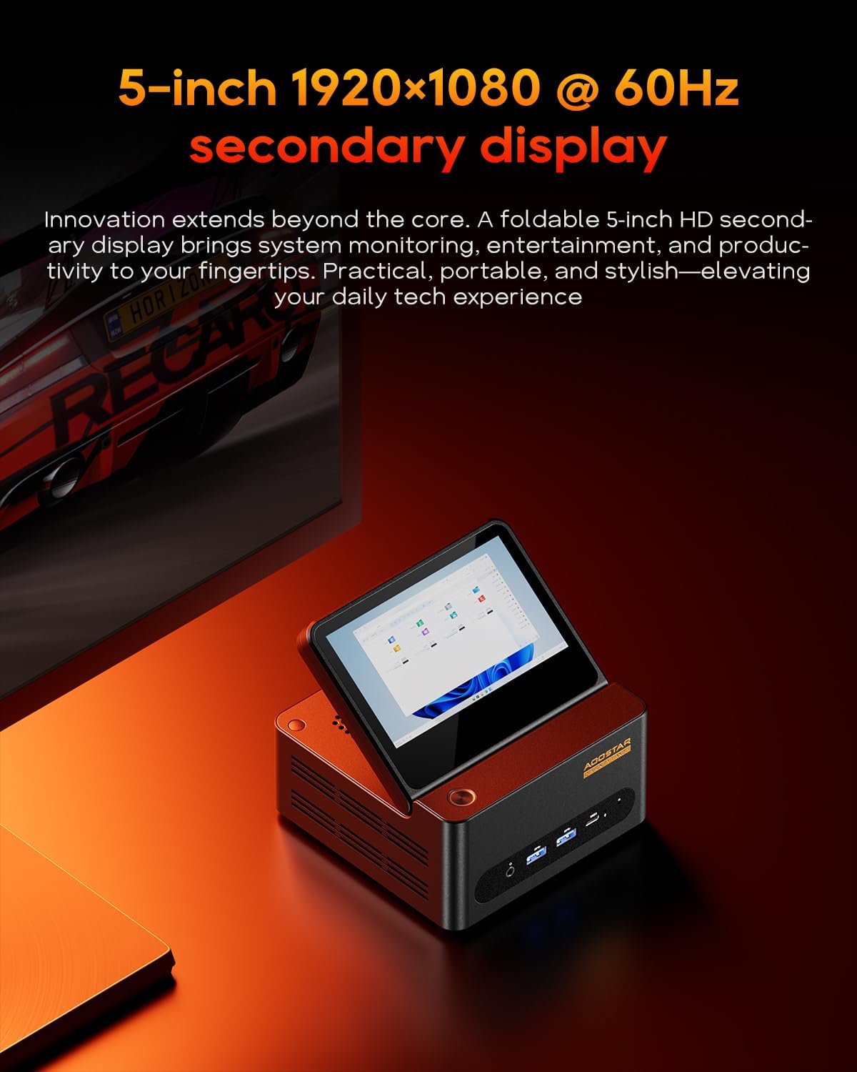 AOOSTAR G-FLIP AMD R7 H255 Mini Computer Without RAM/SSD/OS, MINI Gaming PC with 5 inch Touchscreen,2X DDR5 5600Mhz RAM Slots, 2X M.2 2280 NVME SSD Slots，Oculink/Dual USB4/2 x 2.5GB LAN