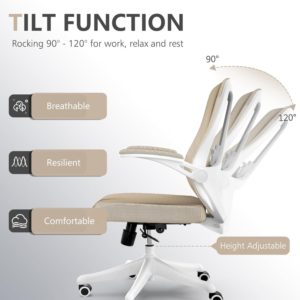 Ergonomic Office Chair with Adjustable Lumbar Support & Flip-Up Armrests - High Back Computer Desk Chair with Thickened Seat Cushion, Rolling Wheels for Home/Office Study Work (08khaki)