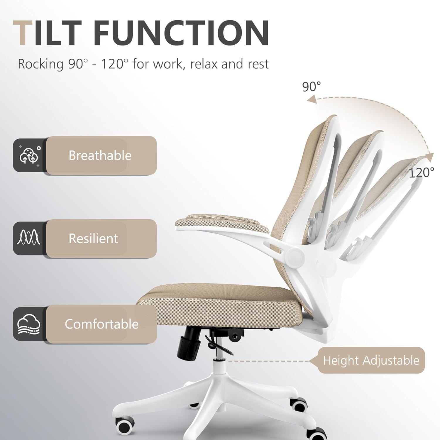 Ergonomic Office Chair with Adjustable Lumbar Support & Flip-Up Armrests - High Back Computer Desk Chair with Thickened Seat Cushion, Rolling Wheels for Home/Office Study Work (08khaki)