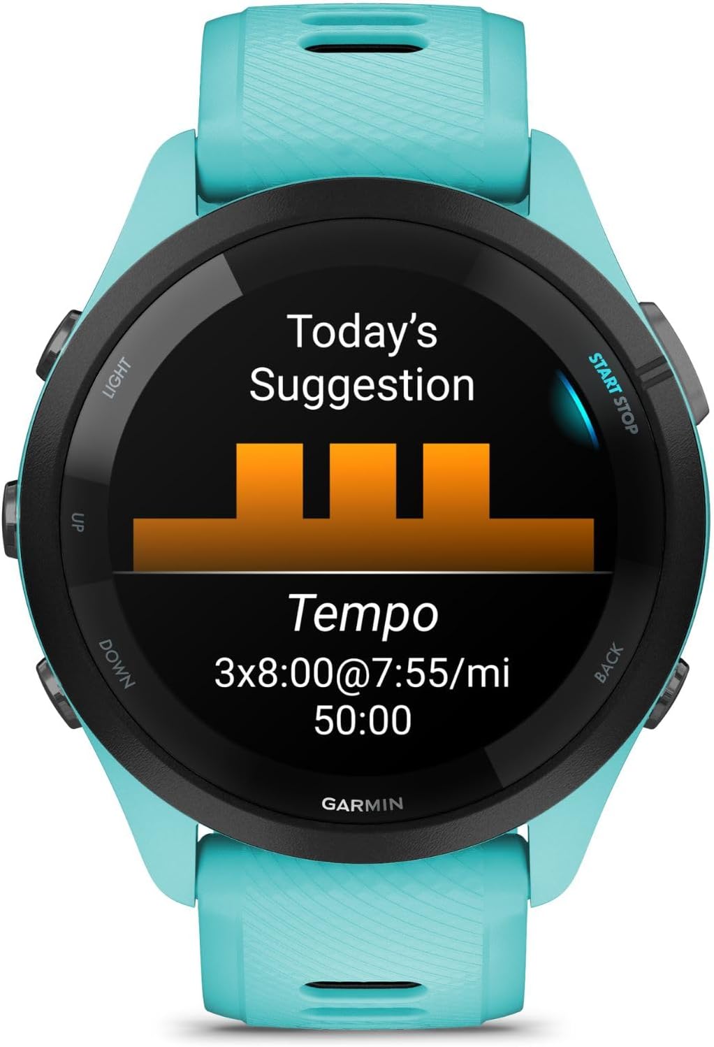 Garmin Forerunner 265 GPS Smartwatch, Aqua/Black Bundle with Deco Essentials Charging Dock Venu 3 + Silicone Dust Cover + Round Tempered Glass Screen Protector