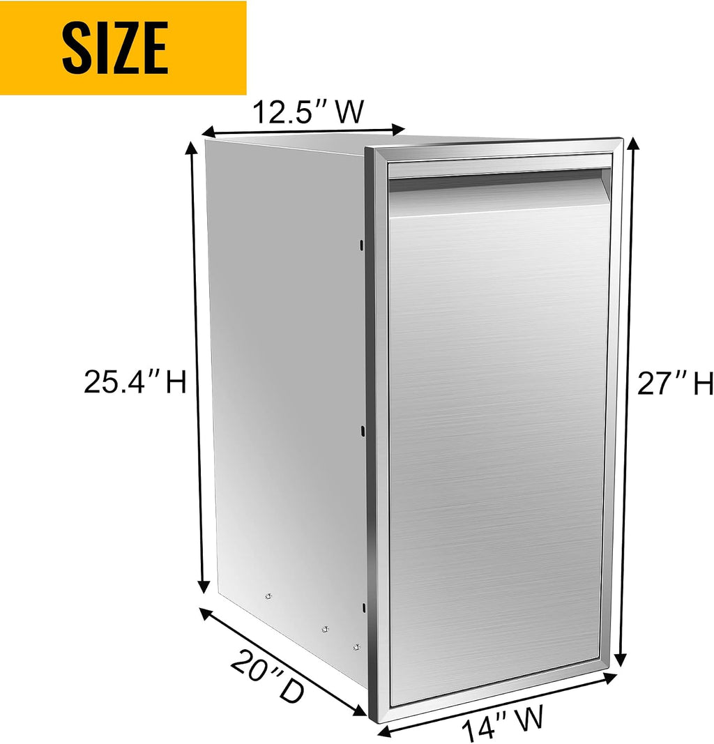 Built-in Single Trash Drawer 14' W x 27' H x 20' D, Pull-Out Tray Outdoor Kitchen Stainless Steel Trash Drawer Storage One Trash Bin for BBQ Island Grill Station
