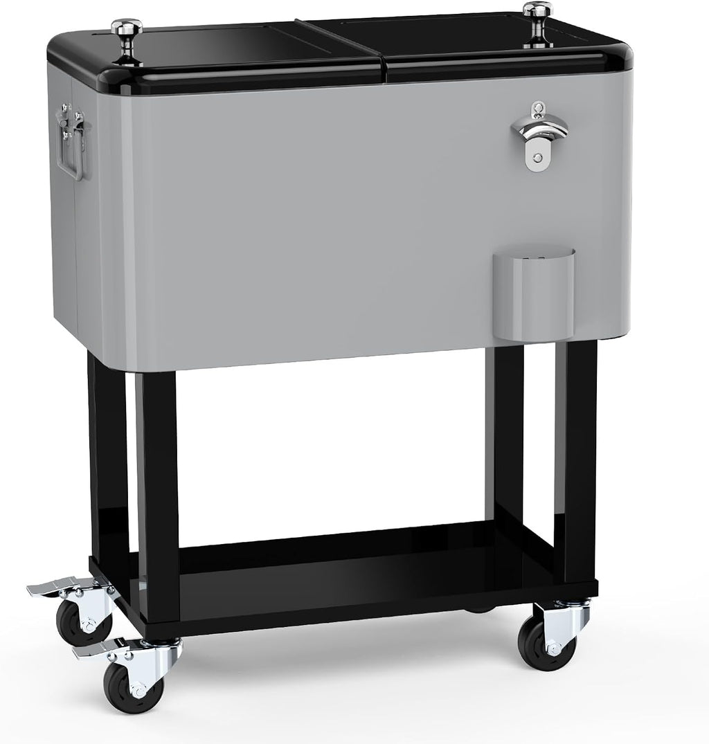 Ice Chest with Wheels, 60 Quart Portable Rolling Cooler with Bottle Opener & Cap Collector & Bottom Storage Tray for Patio Party & BBQ & Beach Activities