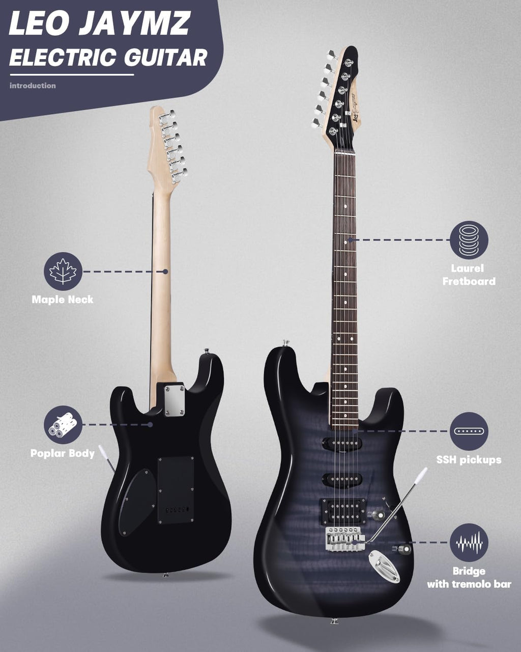 Leo Jaymz 39' Full Size ST Style Electric Guitar Starter Kit with SSH Pickup, 5W Portable Amp, Tuner, Gig Bag, Strap & Accessories(Black Flame 5W)