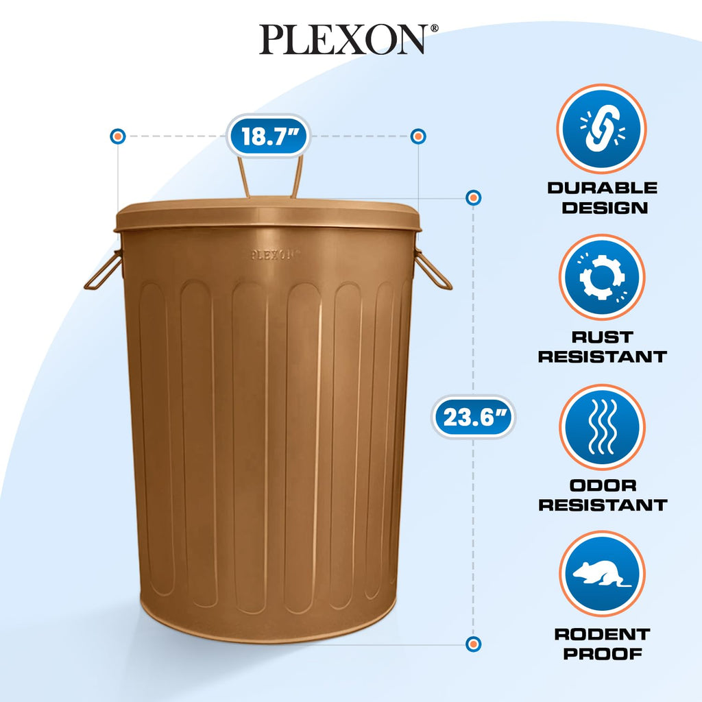 Plexon 20 Gallon Metal Trash Can with Lid Outdoor Large Trash Bin Steel Garbage Can for Garage Patio Farmhouse Bucket Bird Seed Storage Can Heavy Duty Round Container, Copper 2 Pack
