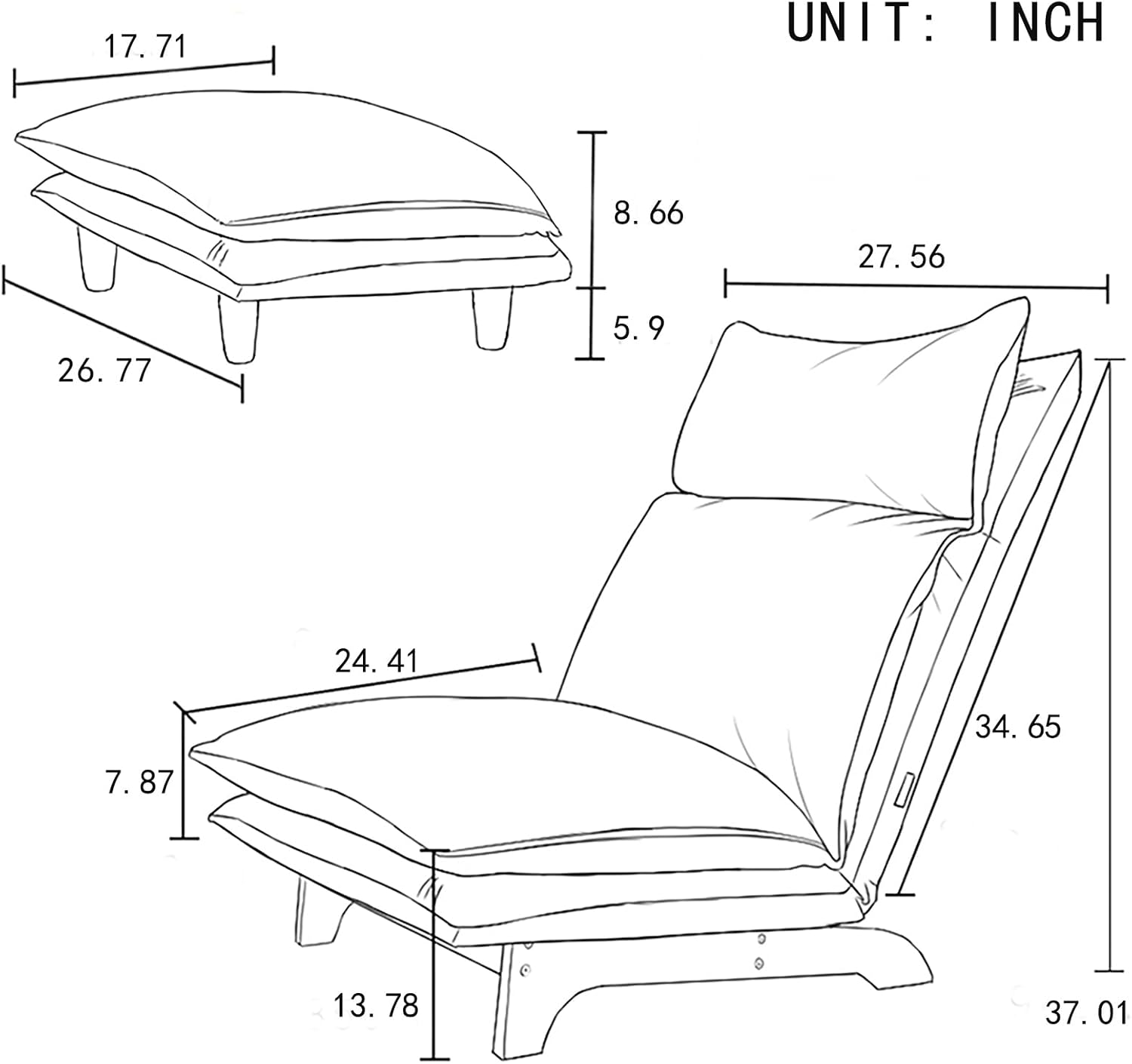 Indoor Japanese Style Chaise Lounge Sofa Chair Floor Gaming Chair Lazy Sofa for Reading Game Meditating Adjustable Positions with Ottoman for Living Room, Bedroom, Balcony