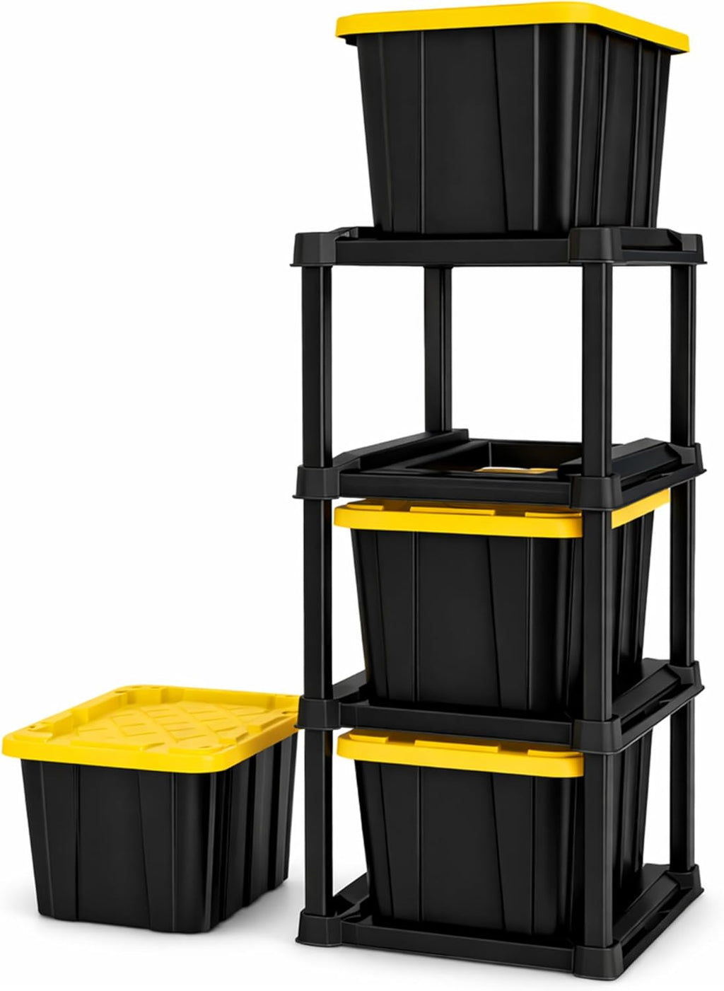 Sterilite 4 Tier Tote Rack, Vertical Plastic Organizer with 4 Pack 27 Gallon Industrial Storage Totes, Black - for Garages, Workshops, or Basements