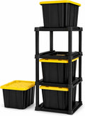 Sterilite 4 Tier Tote Rack, Vertical Plastic Organizer with 4 Pack 27 Gallon Industrial Storage Totes, Black - for Garages, Workshops, or Basements