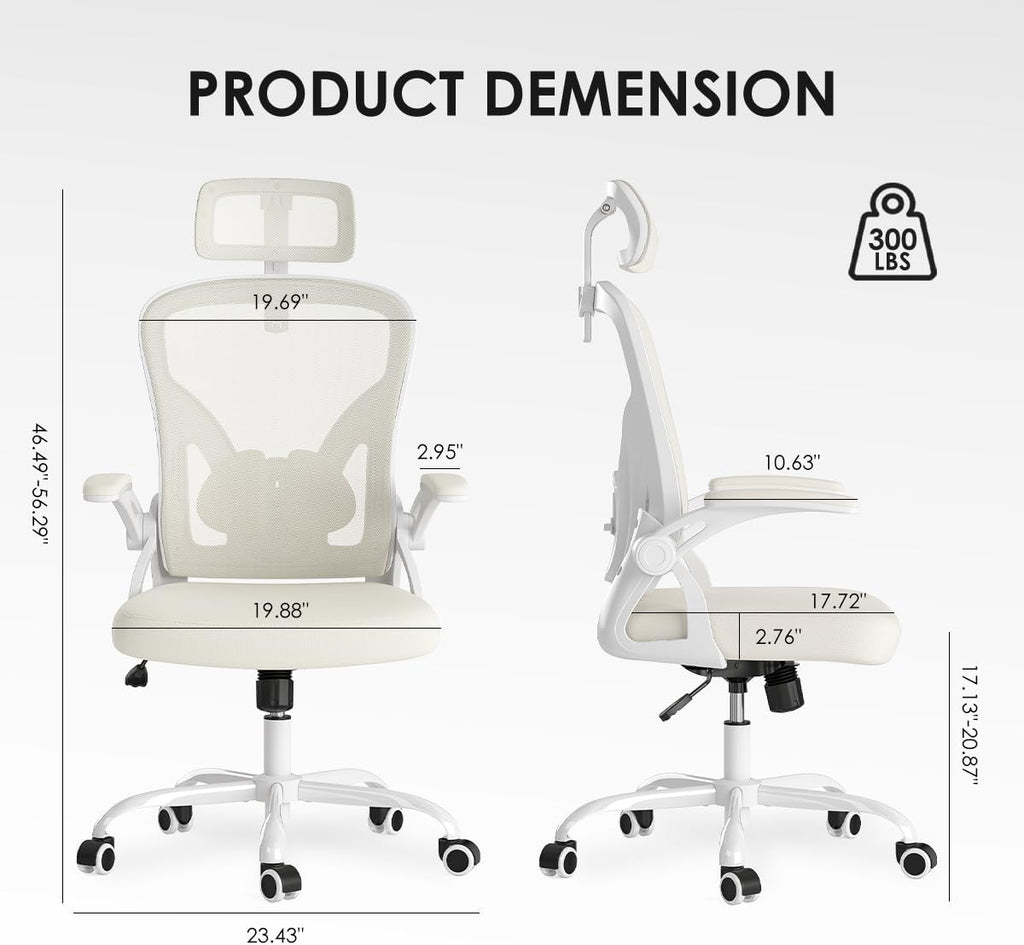 Farini Ergonomic Office Chair, Home Office Desk Chair with Headrest, High Back Swivel Computer Chair with Armrests and Adjustable Lumbar Support for Home Office Study Room, White & Beige