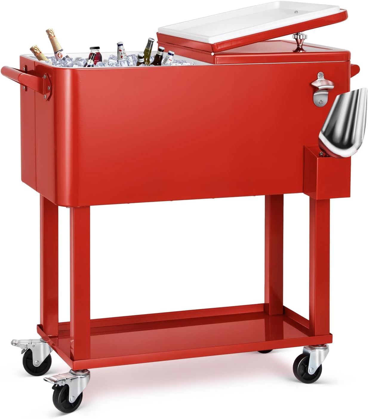 80 Quart Rolling Ice Chest Cooler Cart,Patio Backyard Party Drink Beverage Bar Stand Up Cooler Trolley with Ice Scoop