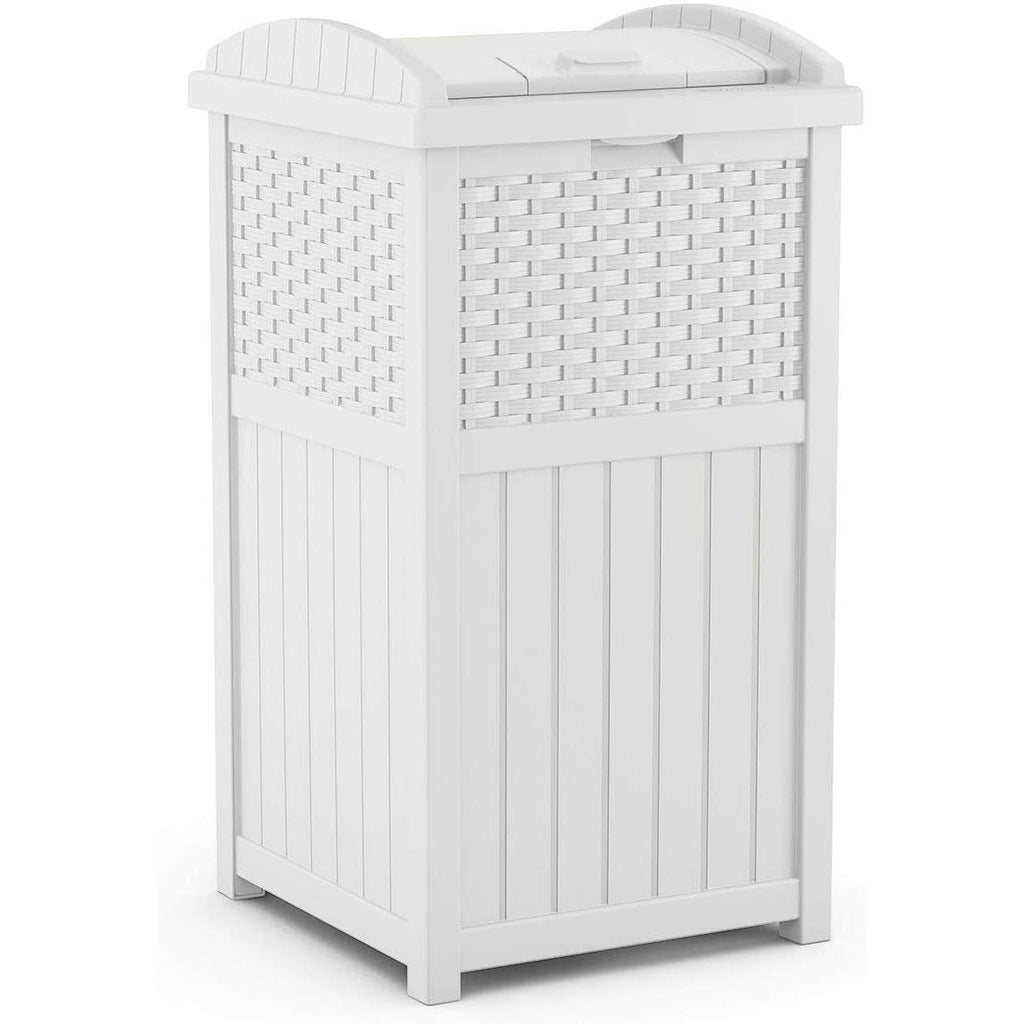 Suncast Wicker Plastic Outdoor Hideaway 33 Gallon Trash Can Bin with Latching Lid for Backyard, Deck, or Patio Use, White (2 Pack)