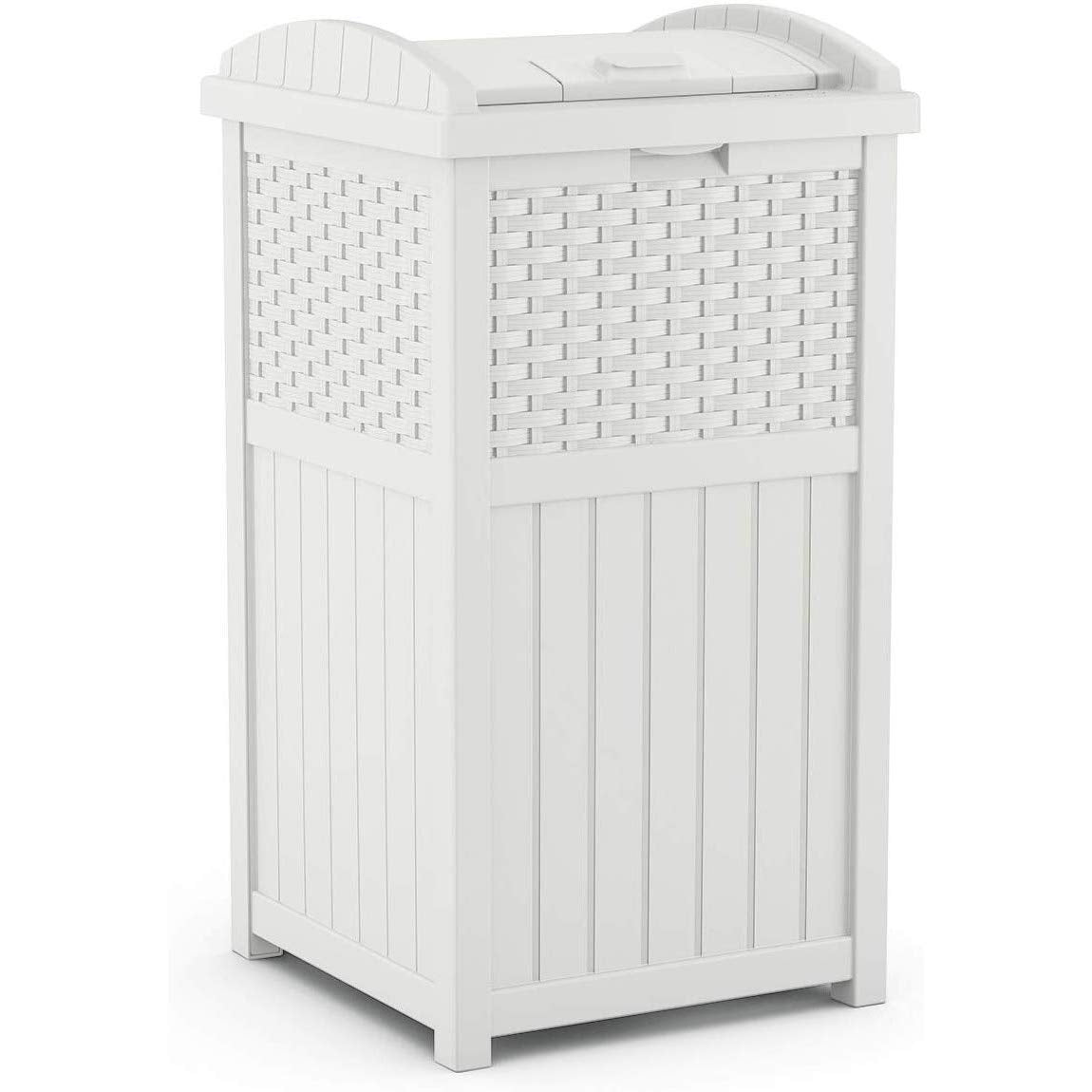 Suncast Wicker Plastic Outdoor Hideaway 33 Gallon Trash Can Bin with Latching Lid for Backyard, Deck, or Patio Use, White (2 Pack)