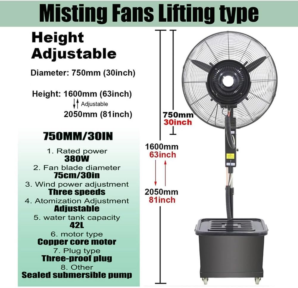 Misting Fan Portable 26' 30' Adjustable Oscillating Cooler with Wheels Industrial Mister Fans for Outside Patio, Standing Fan for with 11 Gallon/42L Water Tank, 3 Cooling Speeds(30in(750mm))