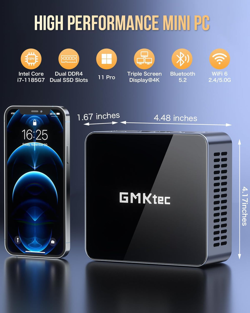 GMKtec Mini PC Intel Core i7-1185G7 (Turbo 4.8 GHz) 16GB DDR4 512GB SSD M2 Pro S Desktop Mini Computers WiFi 6, USB4.0, BT 5.2, DP, HDMI, RJ45 2.5G