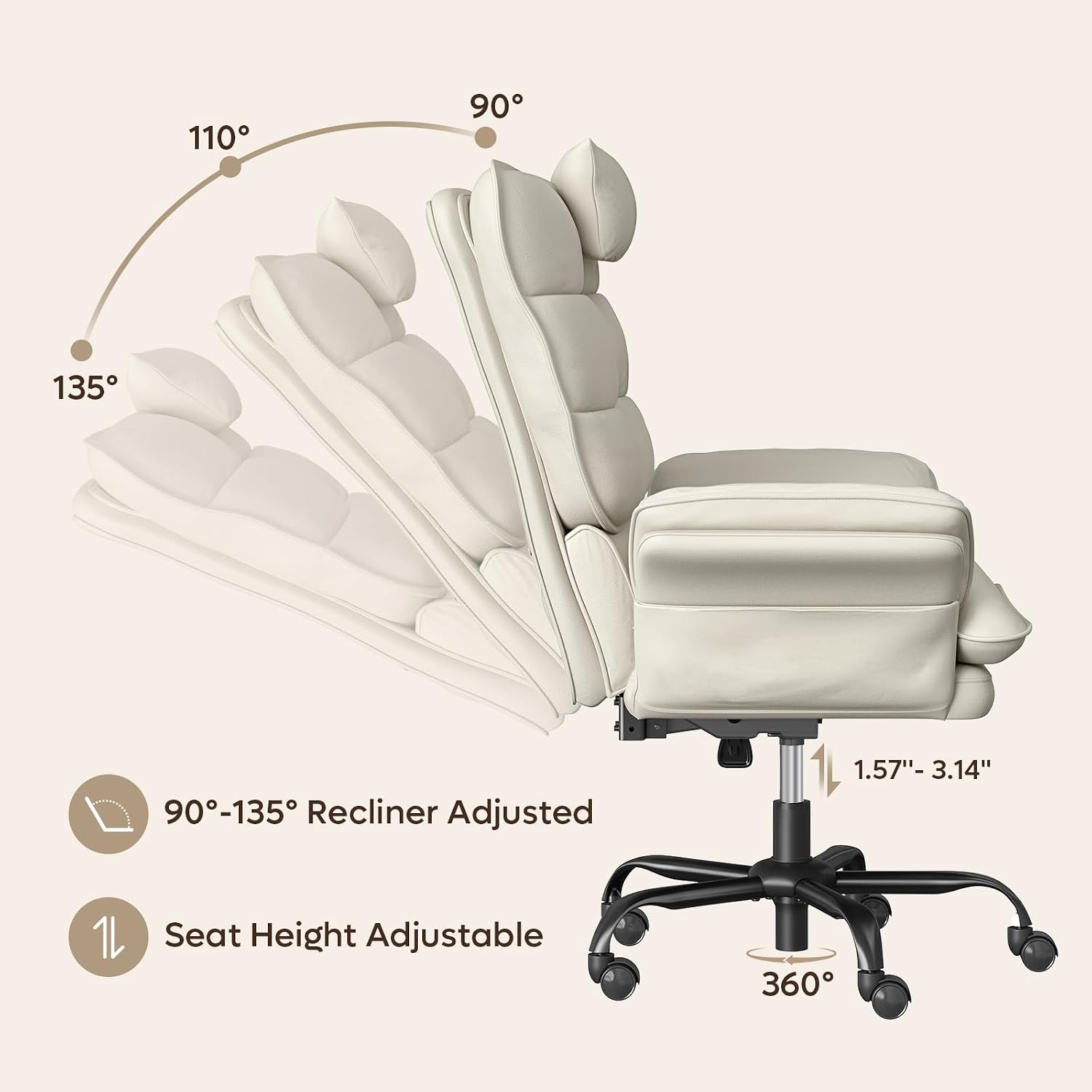 Bestier Cross Legged Office Chair Criss Cross Chair with Adjustable Arms 135° Reclining PU Leather Executive Chair with Wheels Big and Tall Computer Desk Chair for Home Office Beige