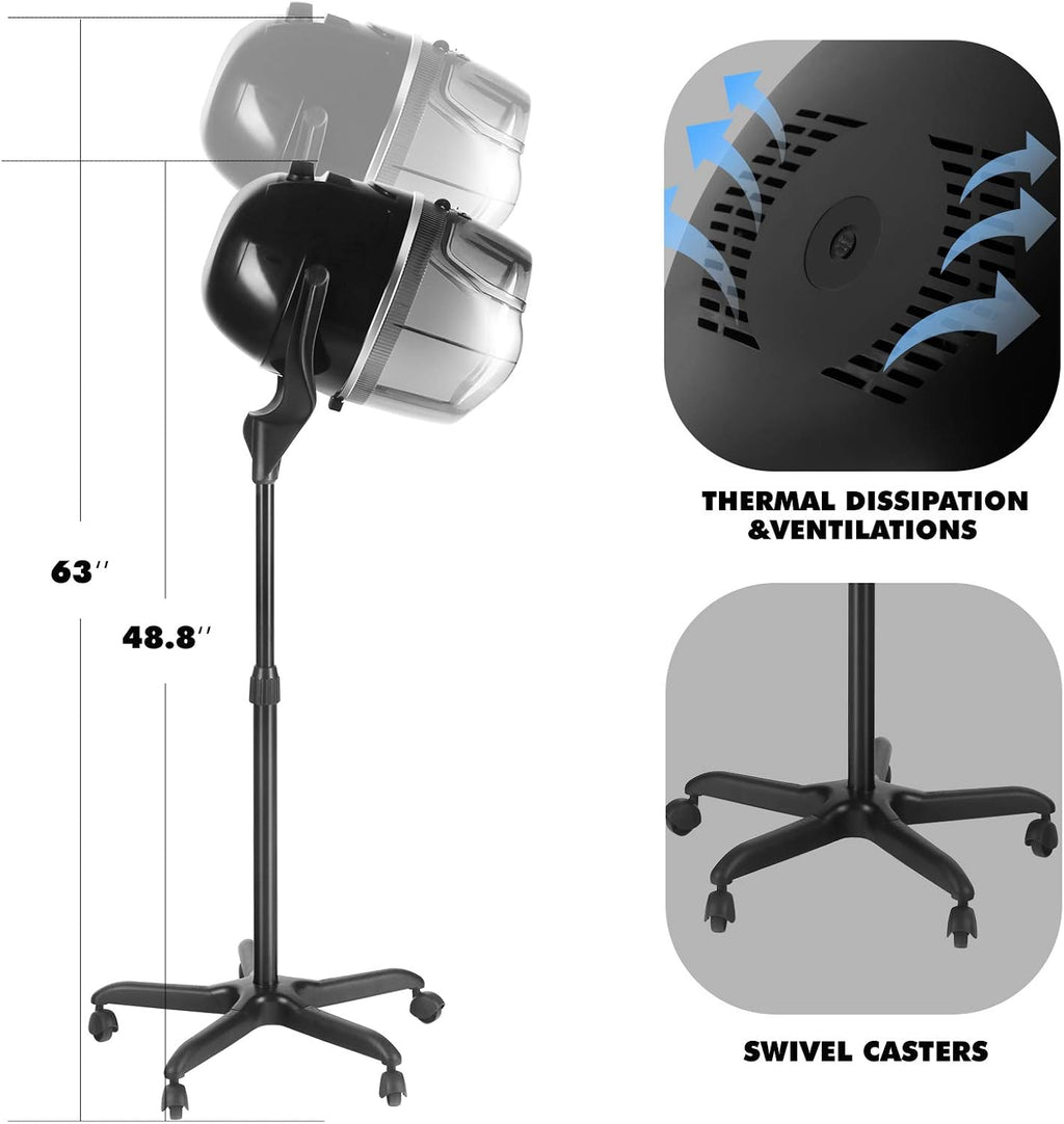 Artist hand Professional Hooded Hair Dryer for Women, Height Adjustable Floor Stand Up Hair Dryer with Wheels and Timer, Sit Under Hooded Dryer for Home Beauty Spa Salon Equipment