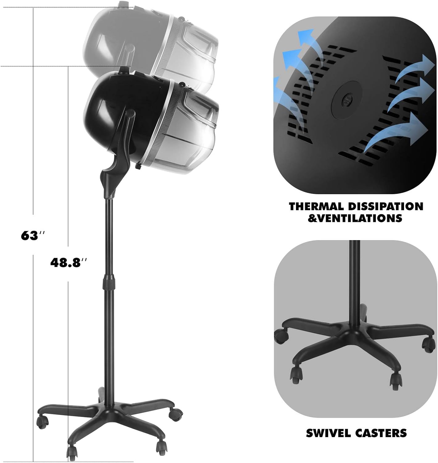Artist hand Professional Hooded Hair Dryer for Women, Height Adjustable Floor Stand Up Hair Dryer with Wheels and Timer, Sit Under Hooded Dryer for Home Beauty Spa Salon Equipment