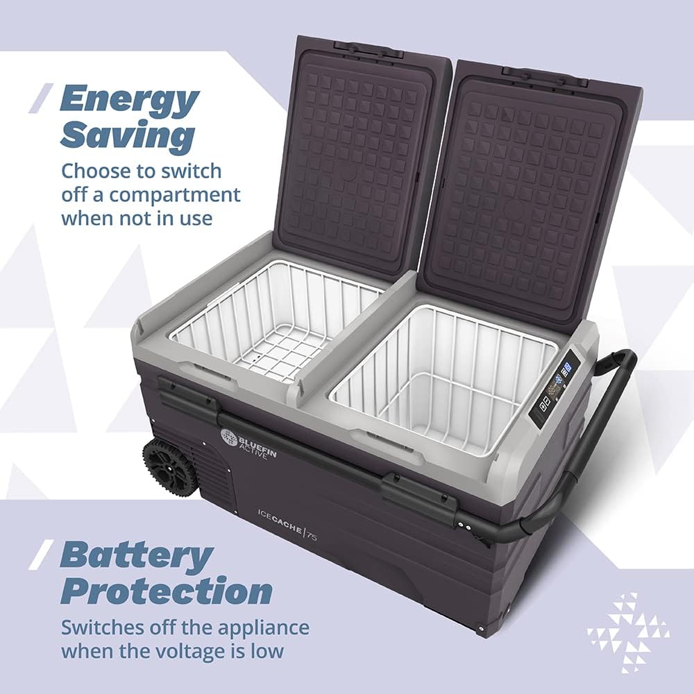 Bluefin Active Ice Cache 75L | Portable Travel Fridge | Advanced Cooling & Freezing Technology | Energy Efficient Charging | Dual Storage Compartments | Smartphone App Control | LCD | AC & DC