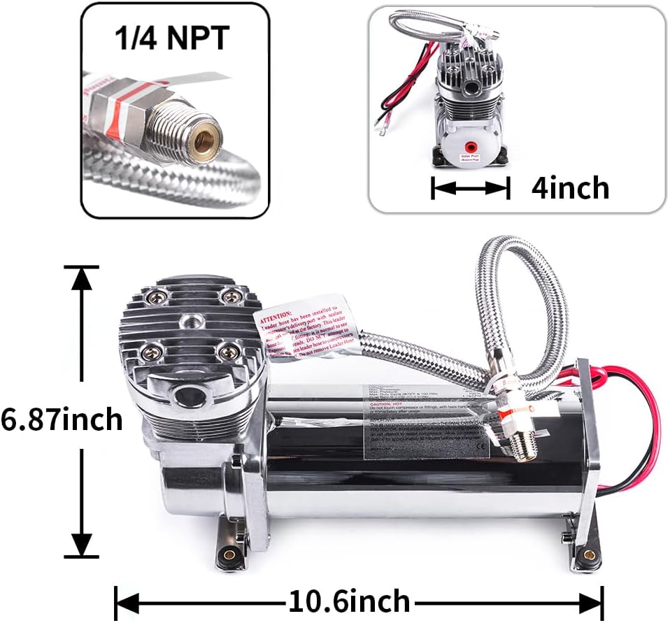 Heavy Duty 200 PSI Air horn Compressor Dual Value Pack, 1/4 NPT Train Horn/Air Ride Compressor, Fittings for 12V Train/Truck/Car,Air Suspension horn Compressor SILVER
