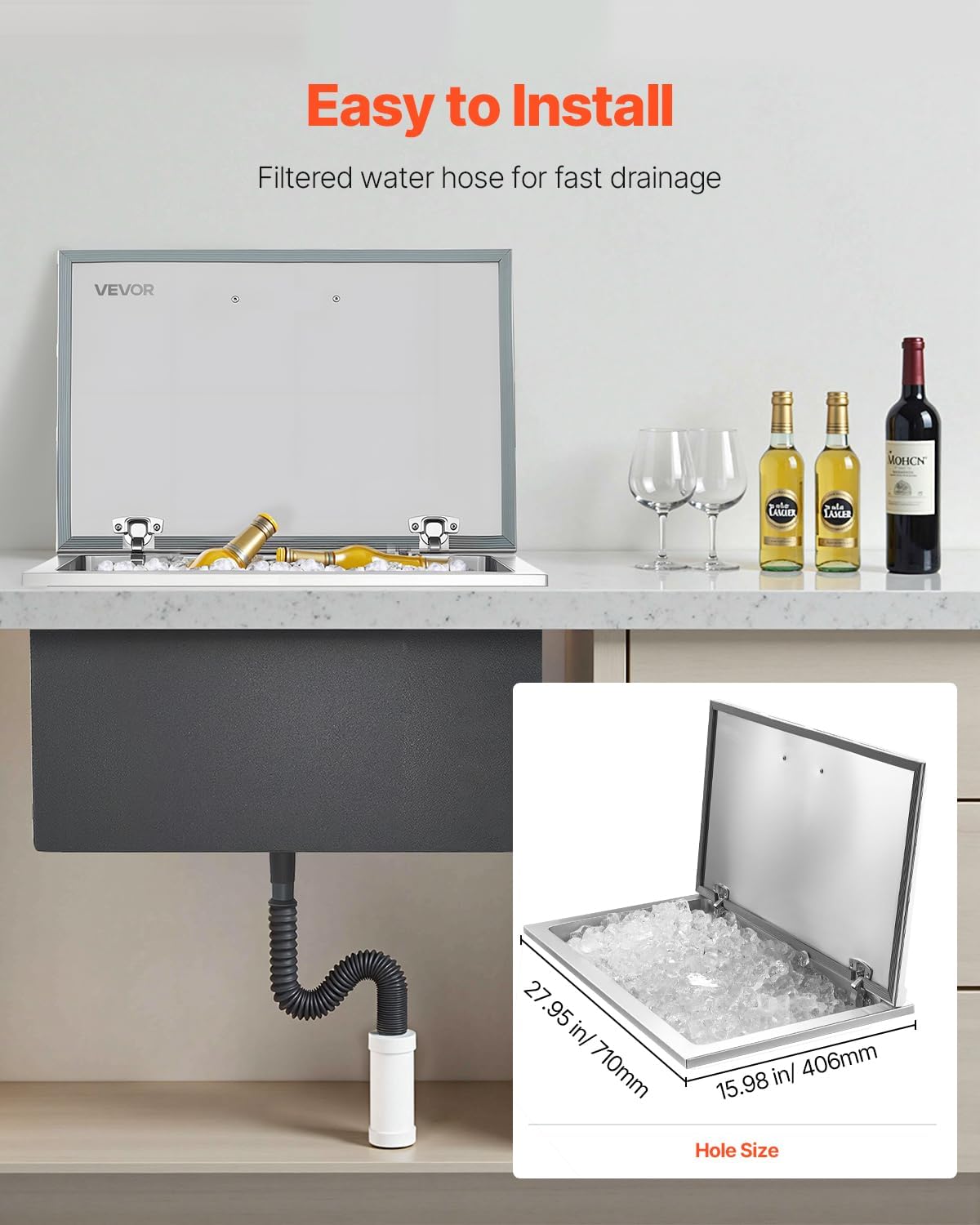VEVOR Drop in Ice Chest, Stainless Steel Drop in Cooler, Commercial Ice Bin with Lid for Outdoor Kitchen Patio Bar, Drain-Pipe Set Included, Cooling Bins with Cover for Cold Wine Beer