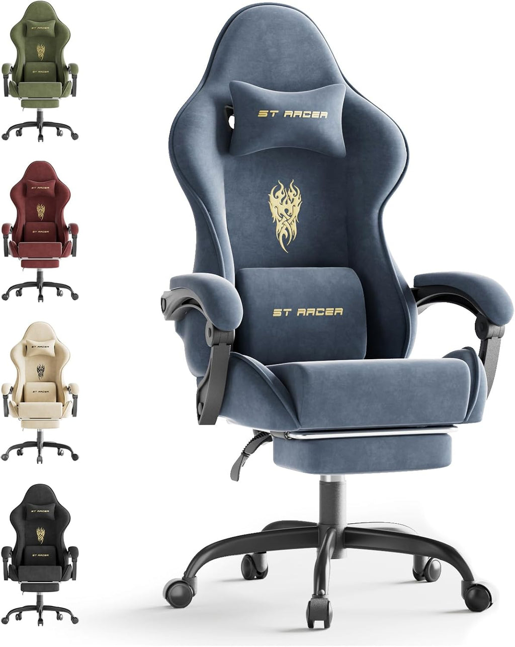 Huracan Velvet Fabric Gaming Chair with Footrest for Adults, Ergonomic Gaming Chairs with Massage Lumbar, Reclining Racing Computer Chair with Spring Cushion for Home Office Video Game, Grey