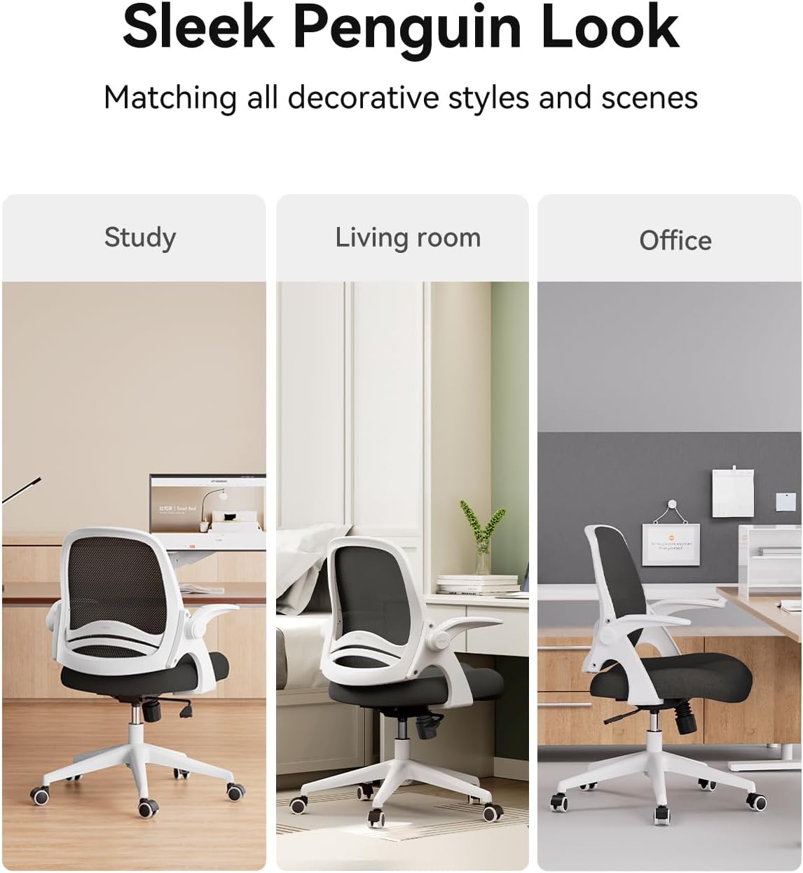 Hbada Office Desk Chair with Flip-Up Armrests and Saddle Cushion, Ergonomic Office Chair with S-Shaped Backrest, Swivel, Mesh, White