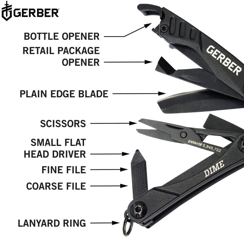 Gerber Gear Dime 12-in-1 Mini EDC Multitool - Needle Nose Pliers, Pocket Knife, Keychain, Bottle Opener - Gifts for Men, EDC Gear and Equipment - Black (Pack of 12)