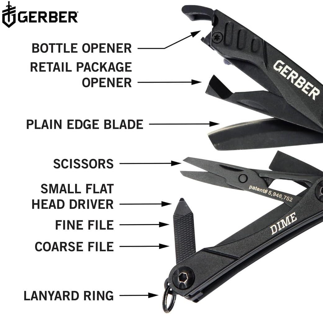 Gerber Gear Dime 12-in-1 Mini EDC Multitool - Needle Nose Pliers, Pocket Knife, Keychain, Bottle Opener - Gifts for Men, EDC Gear and Equipment - Black (Pack of 12)
