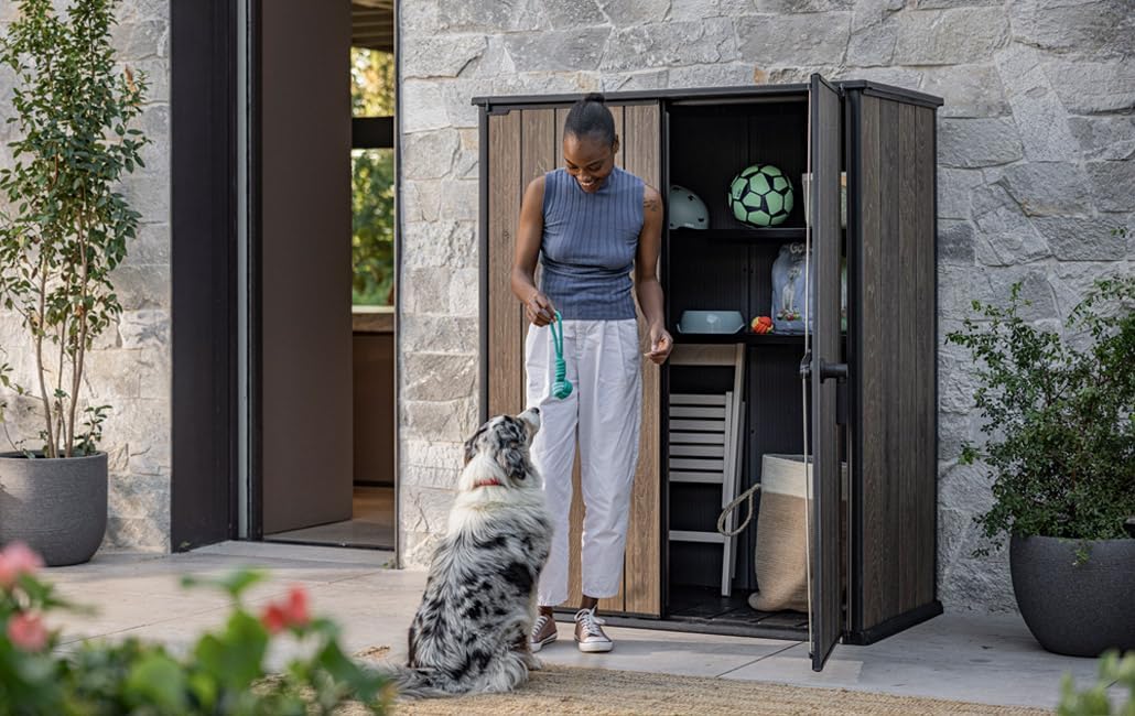 Keter Signature Weatherproof Plastic Garden Cabinet with Metal Reinforcement 1400 Litre Storage Space Lockable Walnut Wood Design