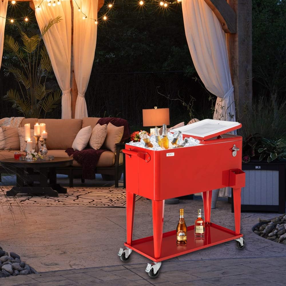 VINGLI 80 Quart Rolling Ice Chest on Wheels, Portable Patio Party Bar Drink Cooler Cart, with Shelf, Beverage Pool with Bottle Opener,Water Pipe