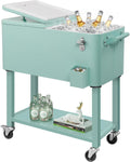 Outvita 80 Quart Rolling Ice Chest, Portable Bar Drink Cooler with Catch Basin, Bottom Storage Tray and Bottle Opener for Patio Party BBQ Beach Activities