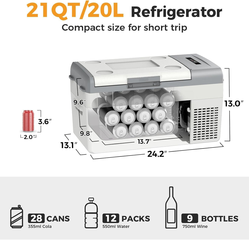 Setpower 20L/21QT Portable Car Refrigerator 12V/24V DC & 110/240V AC Electric Cooler and Freezer for Truck, RV, SUV, Van, Camping, and Travel (White)