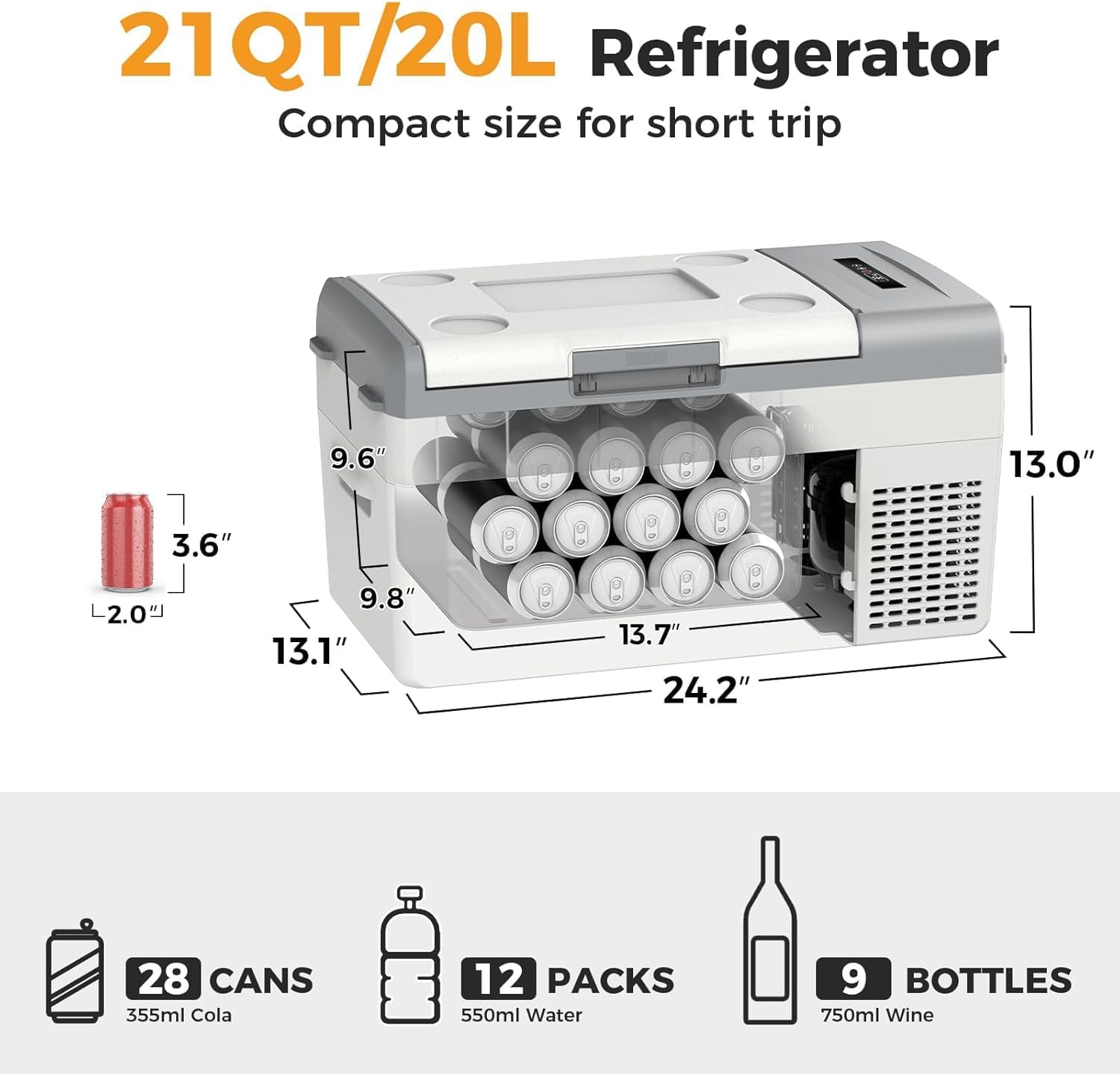 Setpower 20L/21QT Portable Car Refrigerator 12V/24V DC & 110/240V AC Electric Cooler and Freezer for Truck, RV, SUV, Van, Camping, and Travel (White)