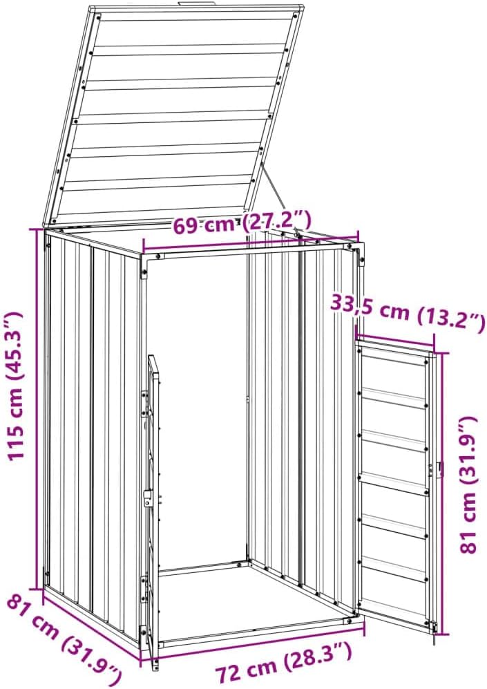 vidaXL Wheelie Bin Storage - Single Bin - Gray Steel - Outdoor Trash Bin Enclosure with Automatic Lid - 28.3'x31.9'x45.3'