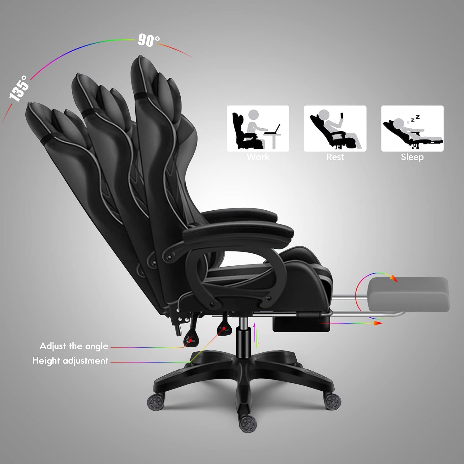 7-Point Massage Gaming Chair with RGB Lighting and Speakers,Ergonomic Gaming Chair with footrest and Headrest and Lumbar Pillow Video Game Chairs,Adults High Back Gaming Chair,Black