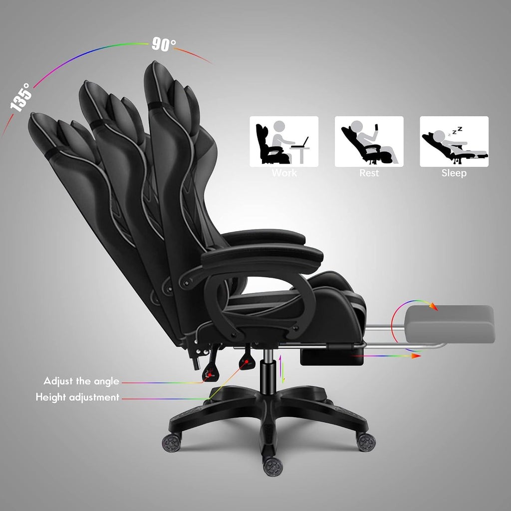 7-Point Massage Gaming Chair with RGB Lighting and Speakers,Ergonomic Gaming Chair with footrest and Headrest and Lumbar Pillow Video Game Chairs,Adults High Back Gaming Chair,White
