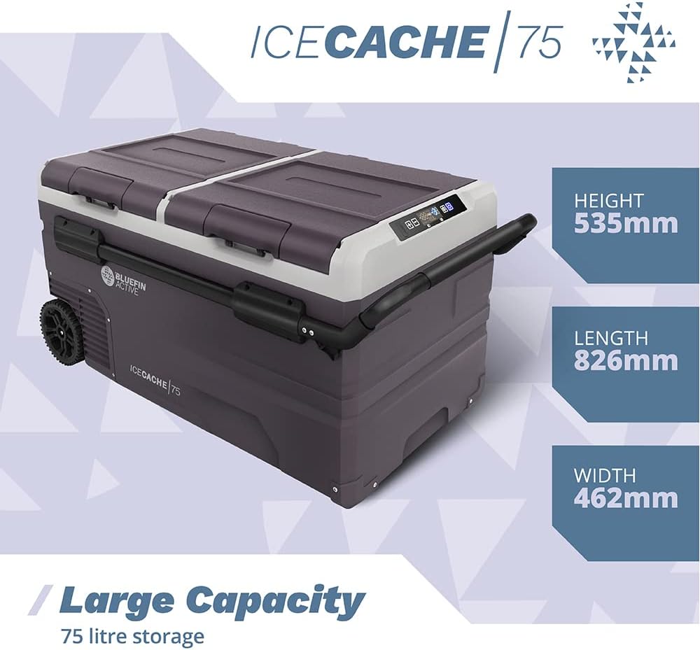 Bluefin Active Ice Cache 75L | Portable Travel Fridge | Advanced Cooling & Freezing Technology | Energy Efficient Charging | Dual Storage Compartments | Smartphone App Control | LCD | AC & DC