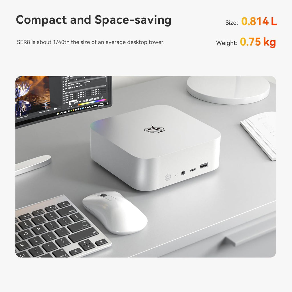 Beelink SER8 Mini PC, AMD Ryzen 7 8745HS 8C/16T, 32GB DDR5 1TB M.2 PCle4.0 SSD Mini Desktop Computer, HDMI+DP+USB4 Triple Display Output, WiFi 6, 2.5G LAN, Bluetooth 5.2 W-11 Mini Gaming Computer