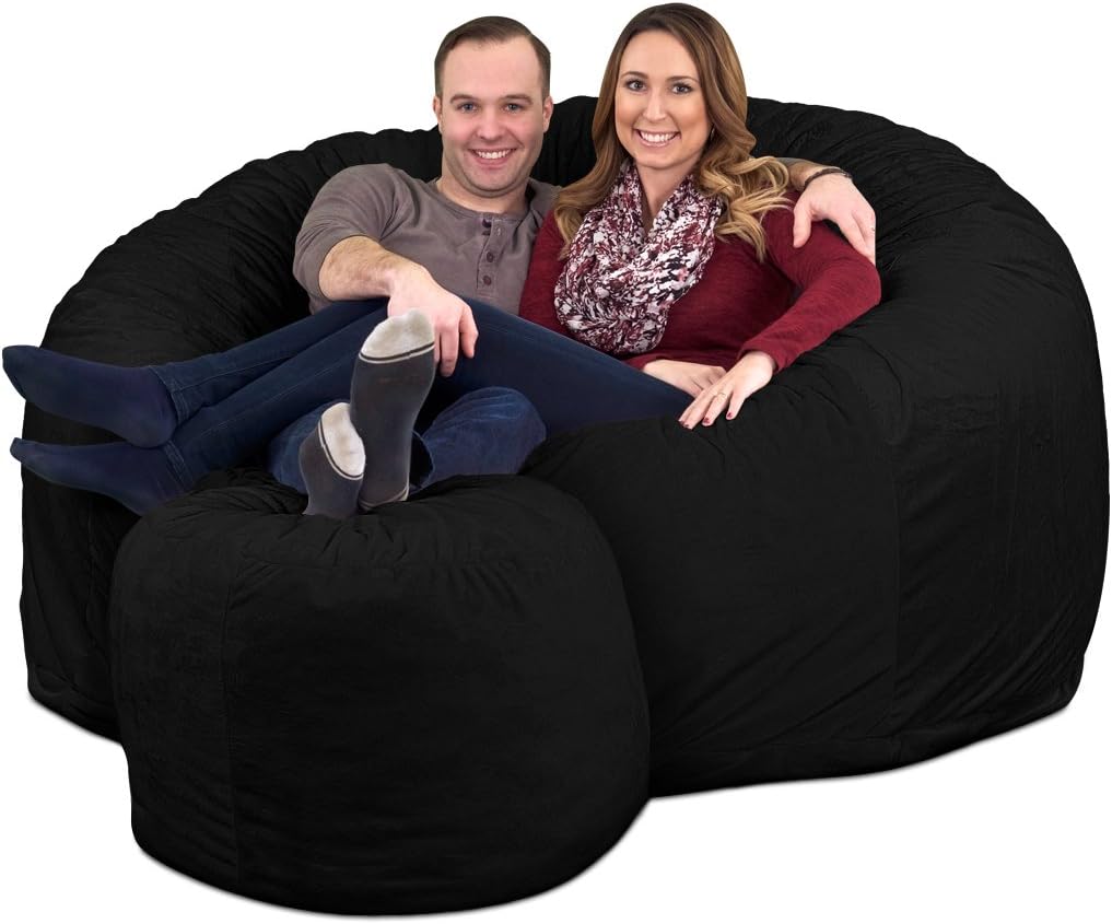 ULTIMATE SACK 6000 6-Foot Bean Bag Chair with Footstool, Black Suede Cover – Oversized Foam Lounger, Floor Seat, Small Sofa, or Couch Bed for Living Area, Gaming Room, or Reading Lounge