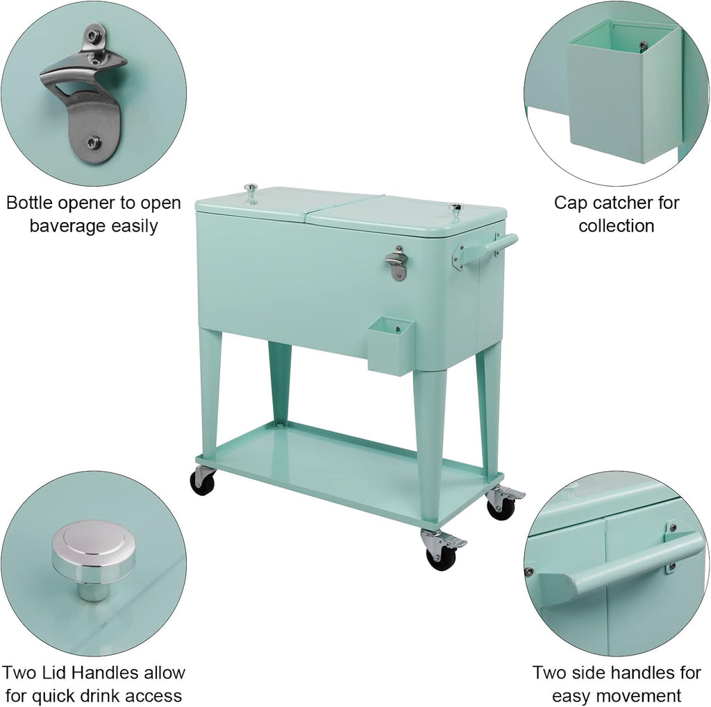 VINGLI 80 Quart Rolling Ice Chest on Wheels, Portable Patio Party Bar Drink Cooler Cart, with Shelf, Beverage Pool with Bottle Opener,Water Pipe