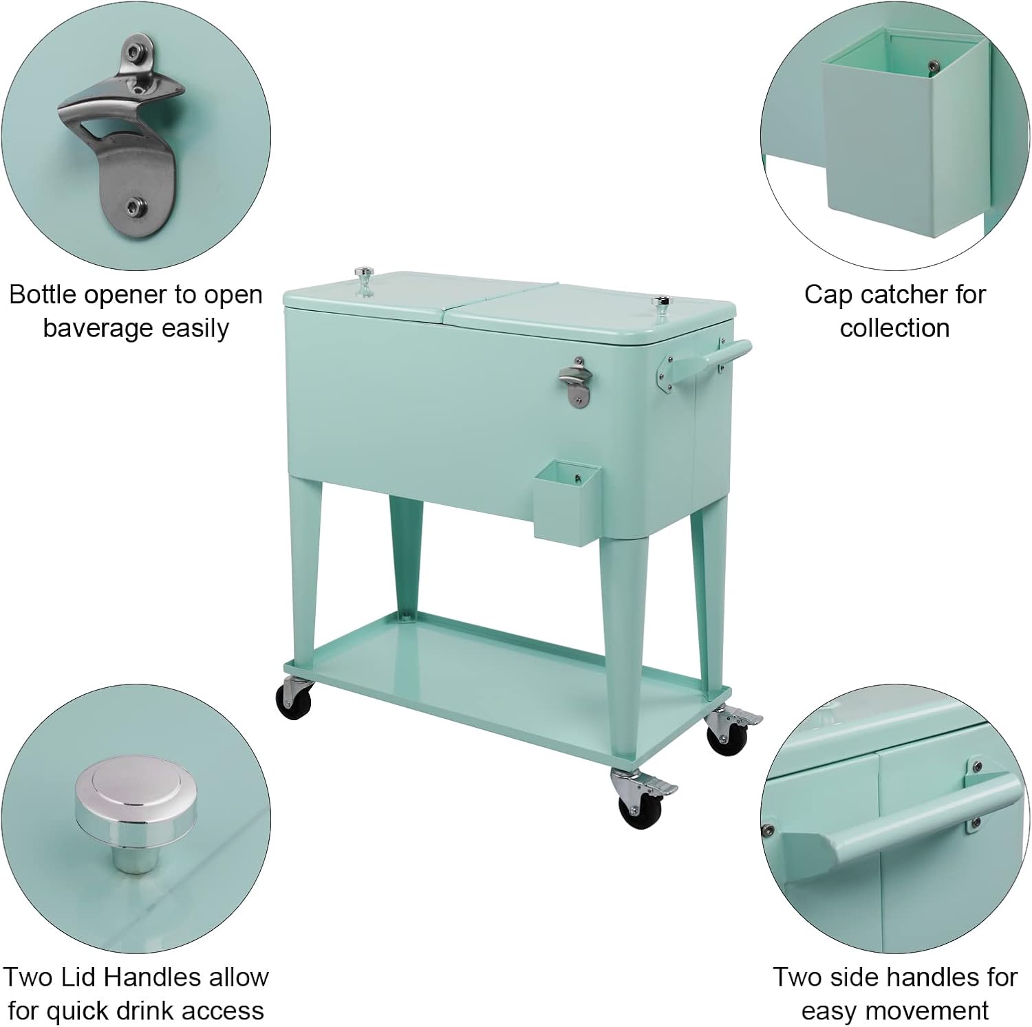 VINGLI 80 Quart Rolling Ice Chest on Wheels, Portable Patio Party Bar Drink Cooler Cart, with Shelf, Beverage Pool with Bottle Opener,Water Pipe