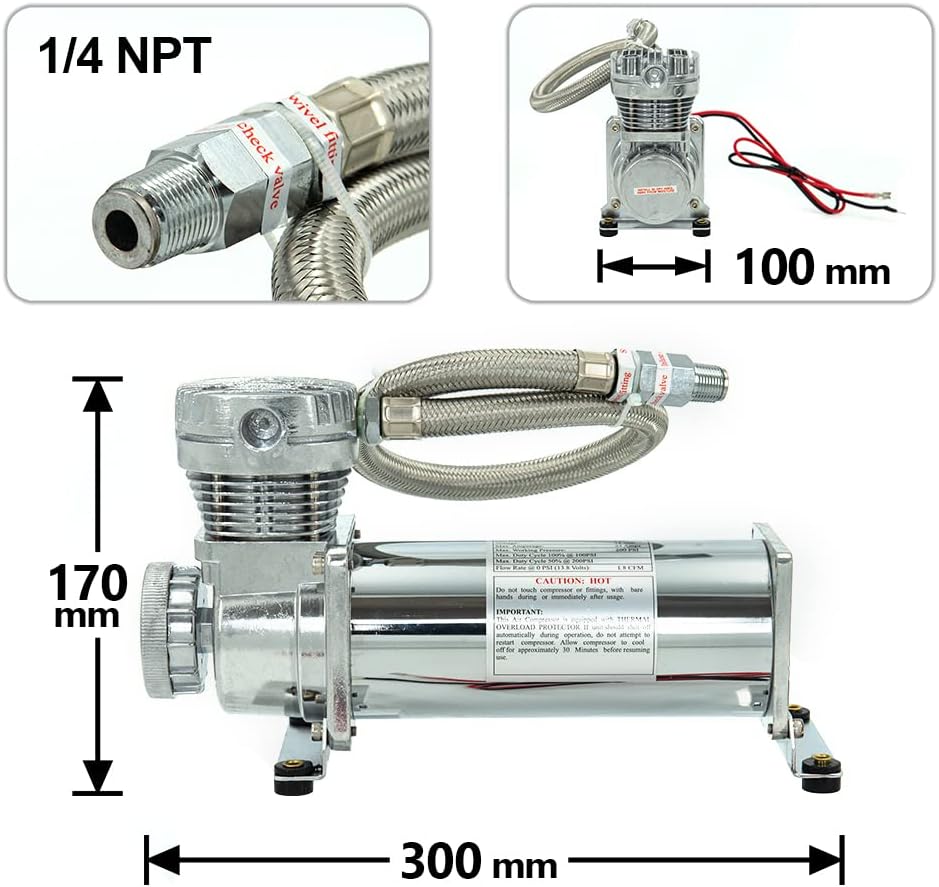 200PSI 1/4 NPT Heavy Duty Air Train Horn/Air Ride Suspension Compressor for Train/Truck/Car 12V SILVER Dual